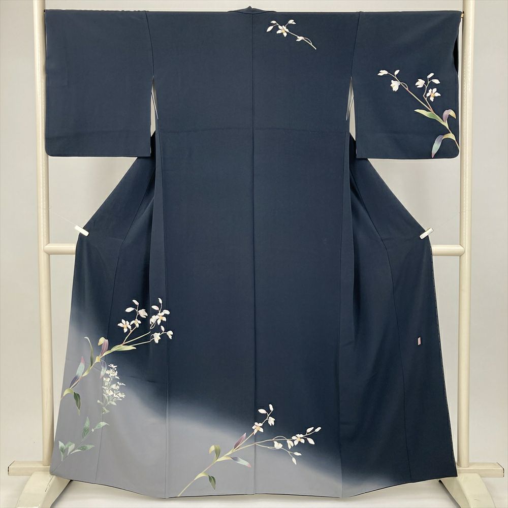 超美品　しつけ付き　正絹　袷　広襟　訪問着　着物　160 青　紺　ブルーグレー 超美品 しつけ付き 正絹 袷 広襟 訪問着 着物 160 青 紺 ブルー