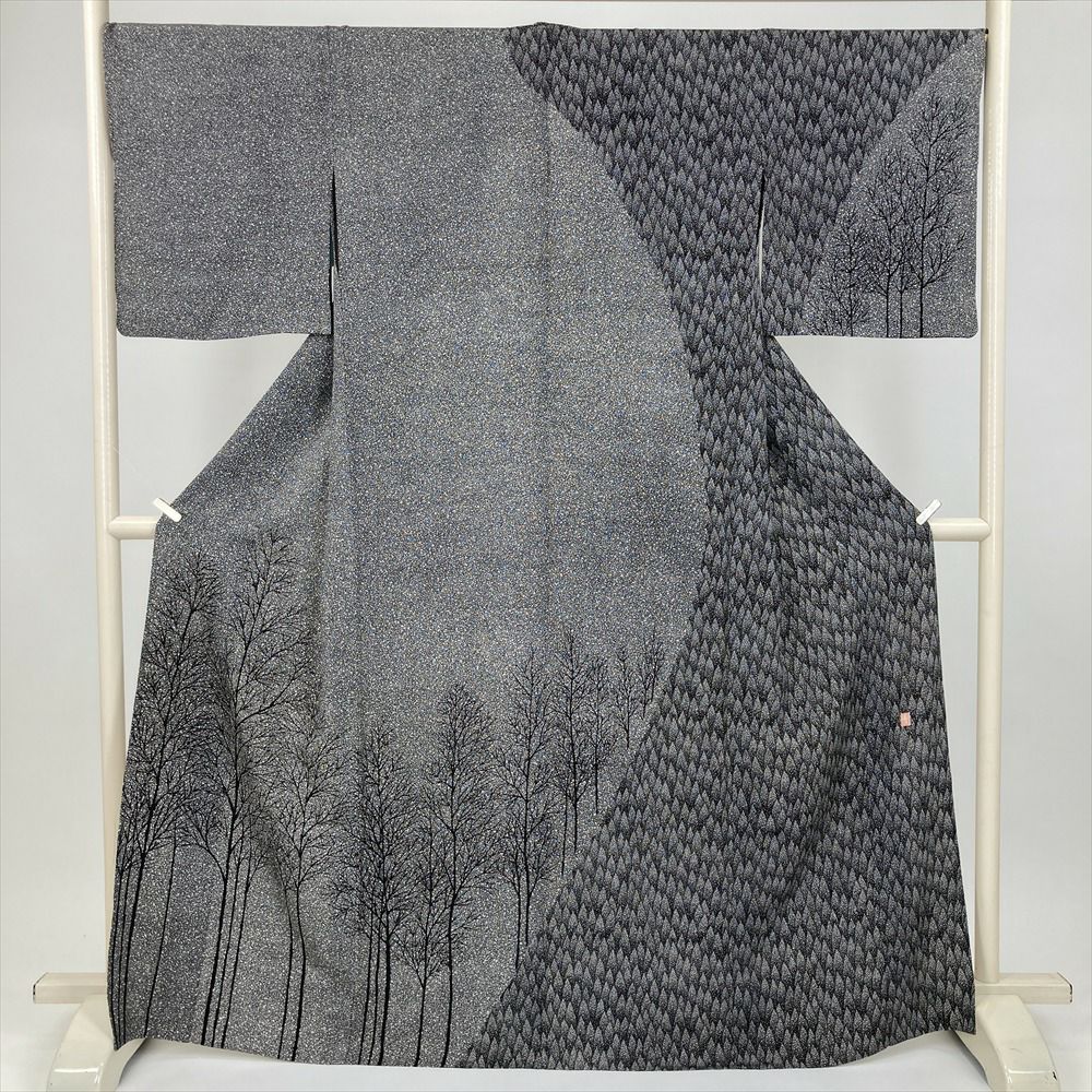 中古） 単衣訪問着 黒 セミフォーマル 木立 単衣 絹【身丈】162cm【裄