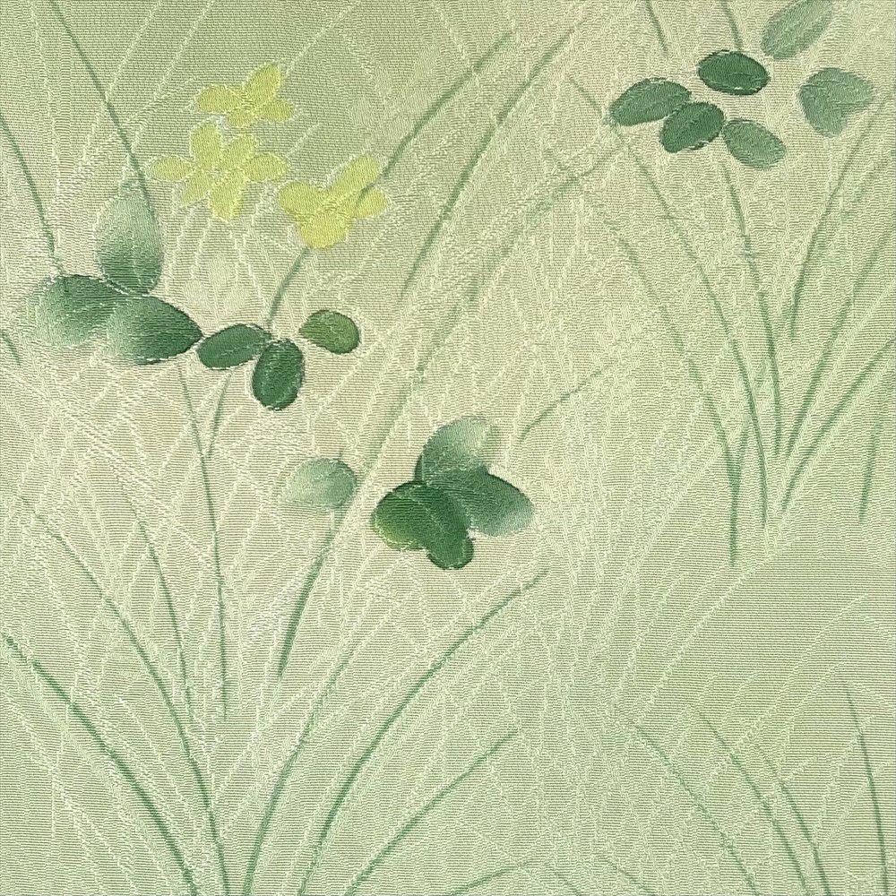 中古） 小紋 薄緑 カジュアル 草花文 袷 絹【身丈】153.5cm【裄丈】66cm