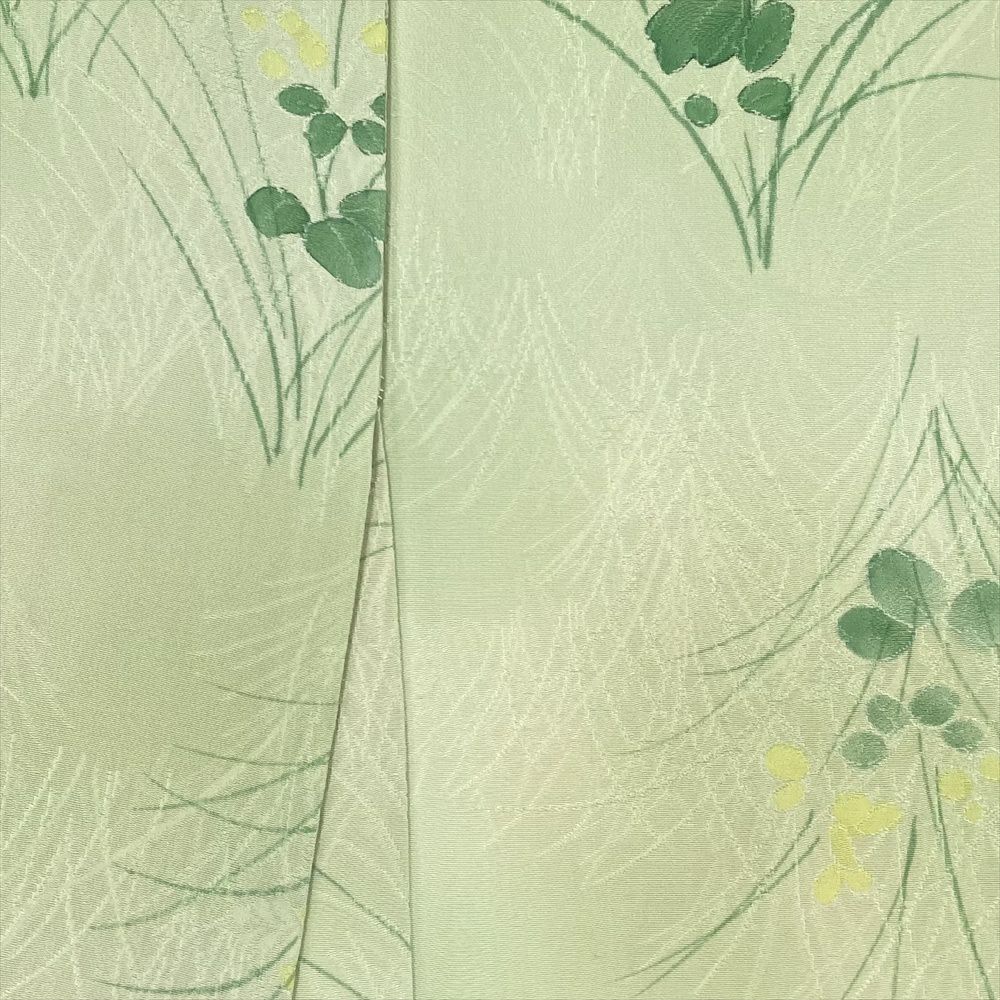 中古） 小紋 薄緑 カジュアル 草花文 袷 絹【身丈】153.5cm【裄丈】66cm