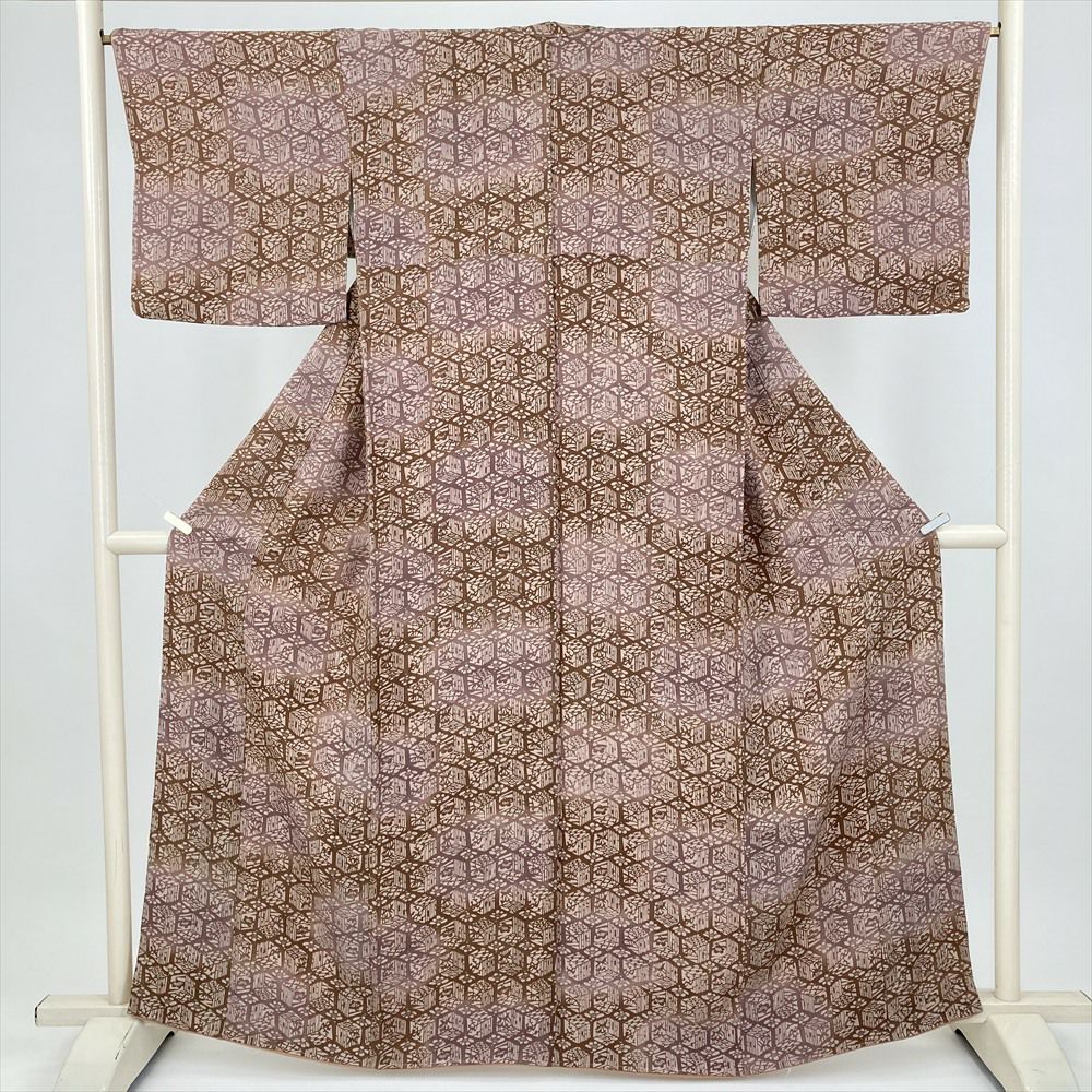 中古） 小紋 茶紫 くすみカラー カジュアル 亀甲 四季花 袷 絹【身丈