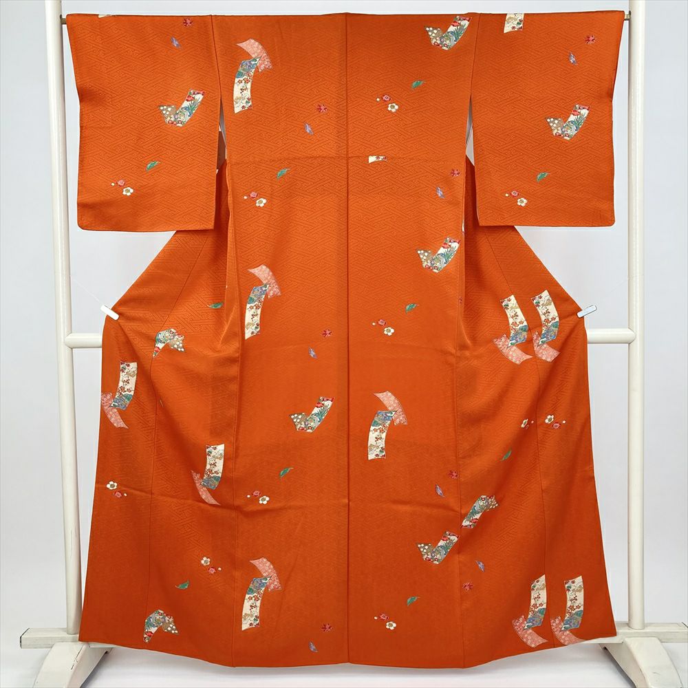 中古） 小紋 橙 オレンジ カジュアル 短冊文 袷 絹【身丈】156.5cm【裄