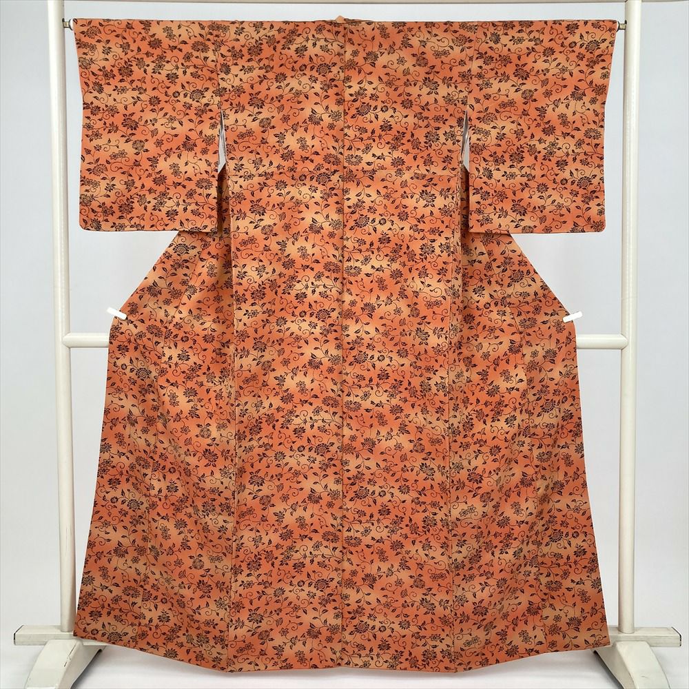 中古） 小紋 橙 オレンジ カジュアル 花唐草 袷 絹【身丈】156cm【裄丈