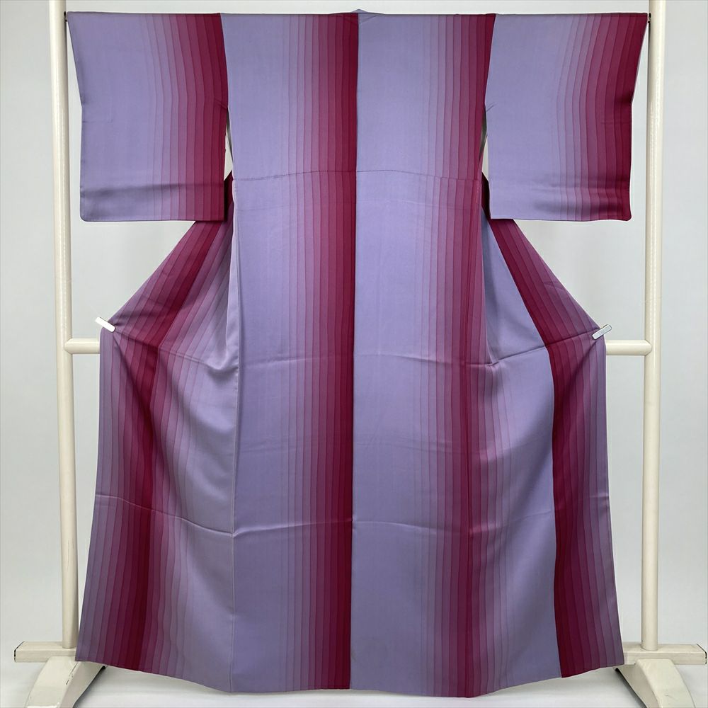 中古） 小紋 紫 藤 カジュアル 鰹縞 袷 絹【身丈】159cm【裄丈】67.5cm