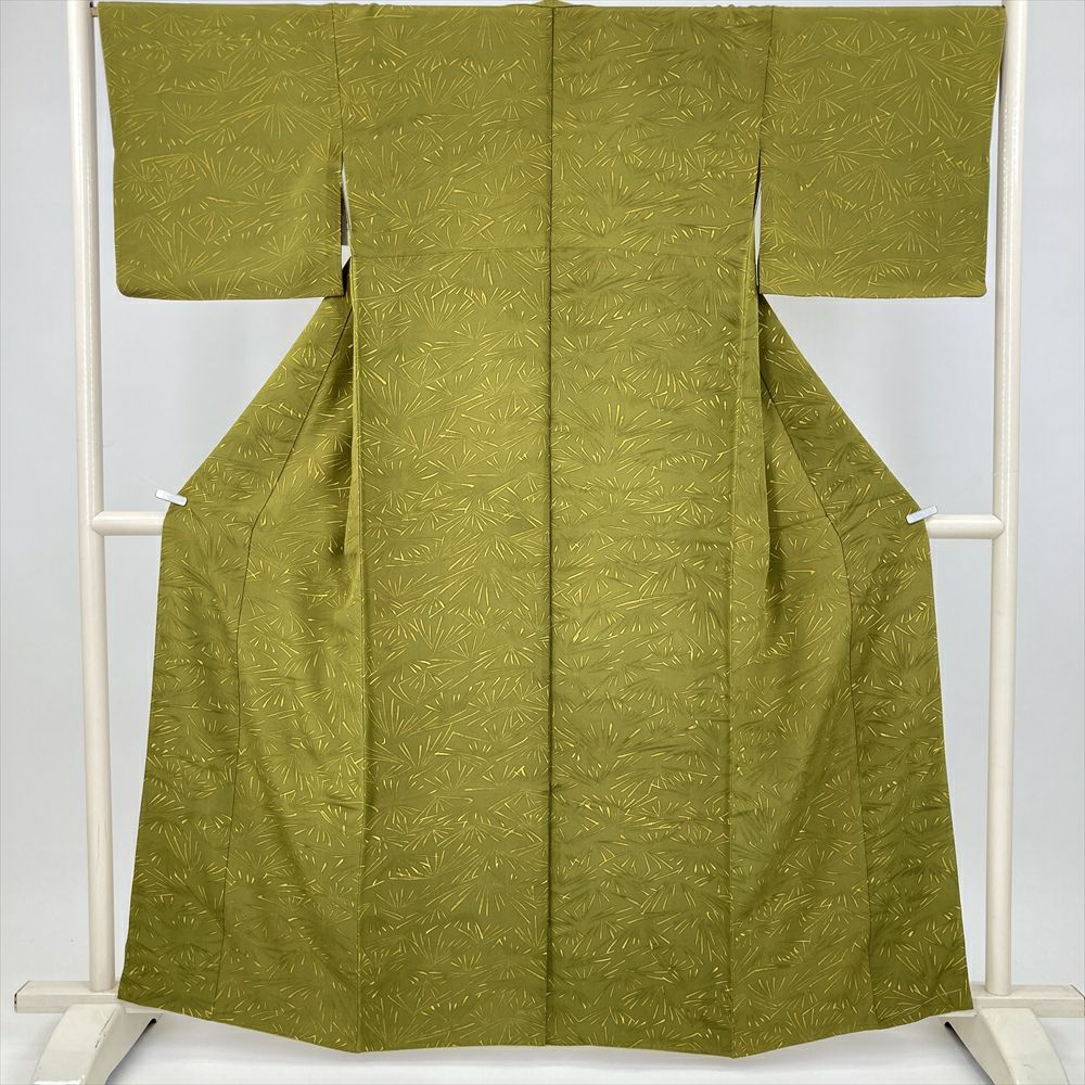 中古） 小紋 黄緑 カジュアル 菊 袷 絹【身丈】155.5cm【裄丈】68.5cm