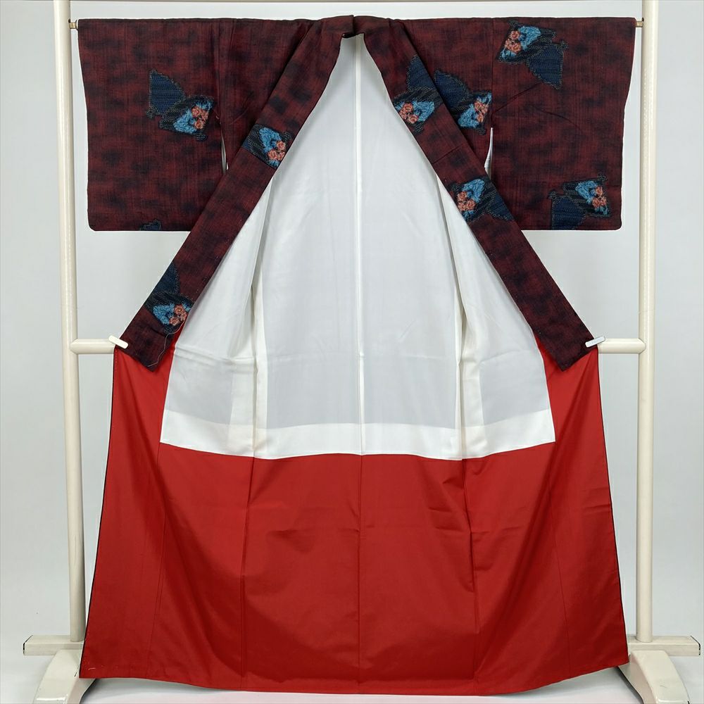 中古） 紬 臙脂 赤 カジュアル 扇 花 袷 絹【身丈】161cm【裄丈】66cm