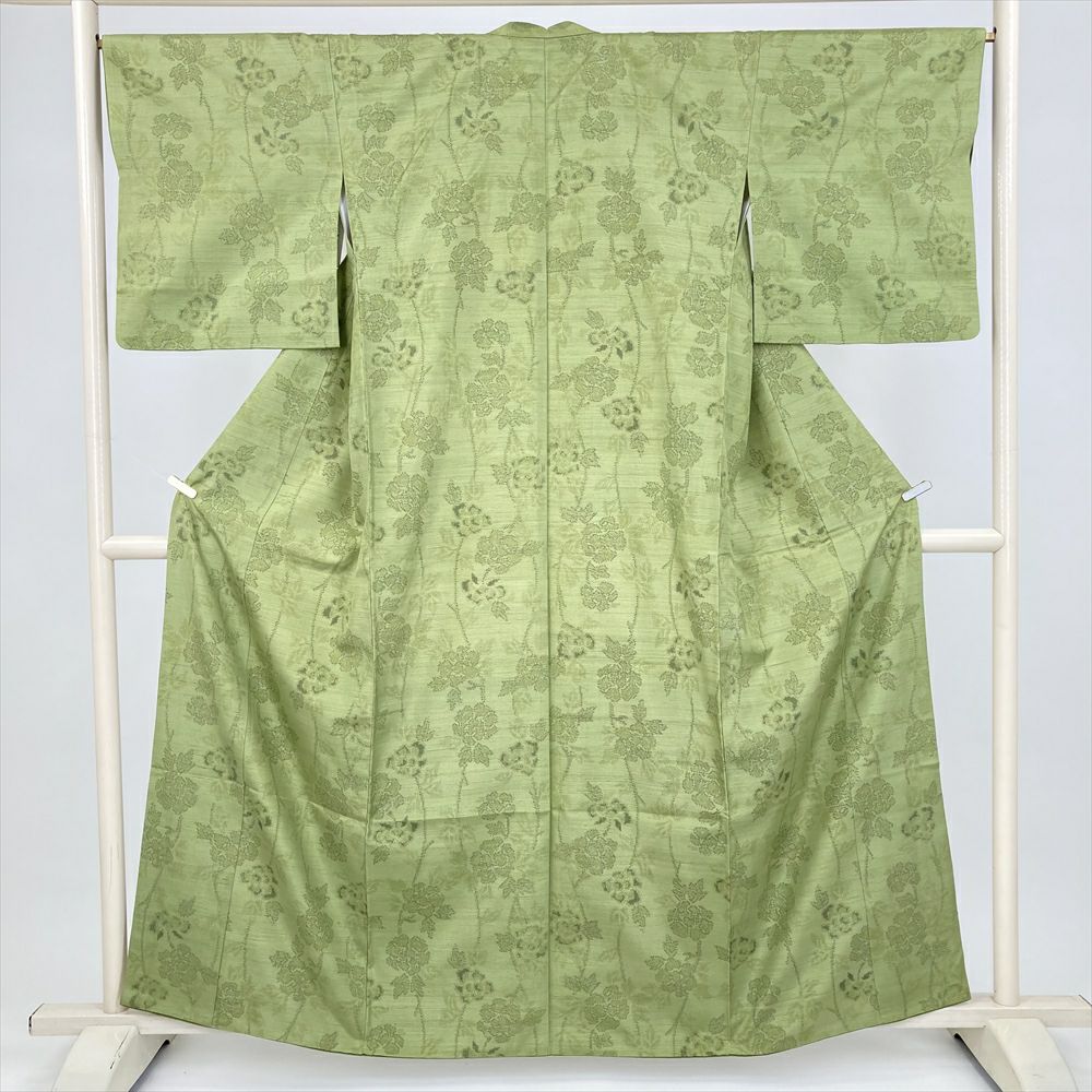 中古） 紬 黄緑 カジュアル 牡丹 袷 絹【身丈】155cm【裄丈】67cm