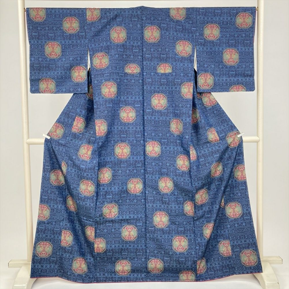 中古） 紬 青 カジュアル オリエンタル 向かい鳥 袷 絹【身丈】161.5cm