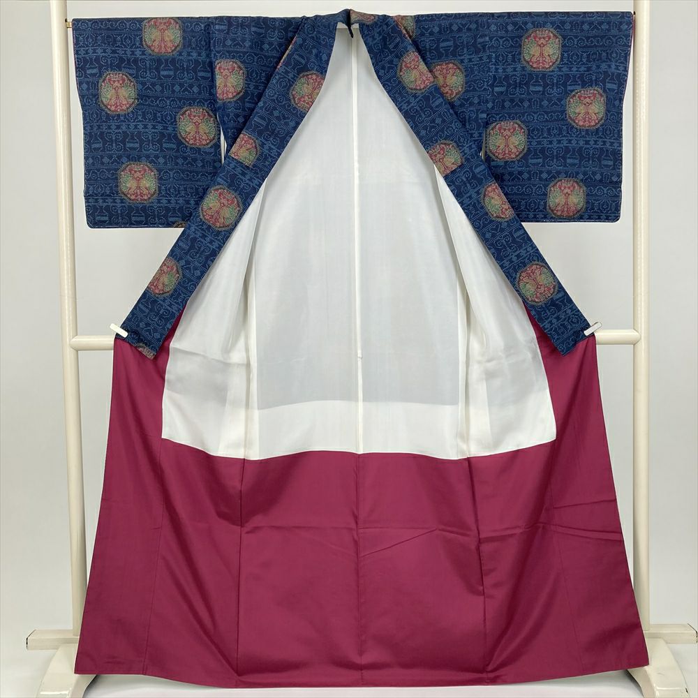 中古） 紬 青 カジュアル オリエンタル 向かい鳥 袷 絹【身丈】161.5cm