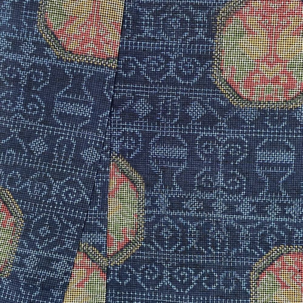 中古） 紬 青 カジュアル オリエンタル 向かい鳥 袷 絹【身丈】161.5cm