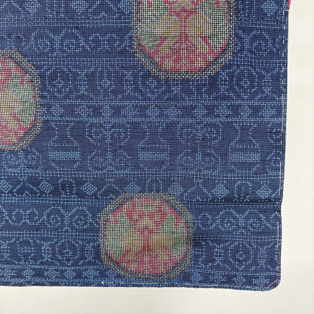 中古） 紬 青 カジュアル オリエンタル 向かい鳥 袷 絹【身丈】161.5cm