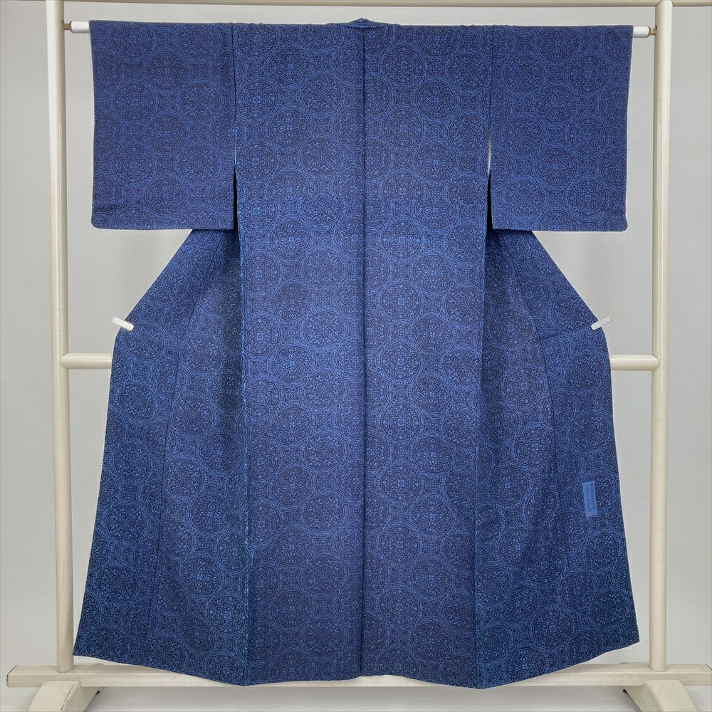 中古） 小紋 紺 青 カジュアル オリエンタル花草文 袷 絹【身丈】148cm
