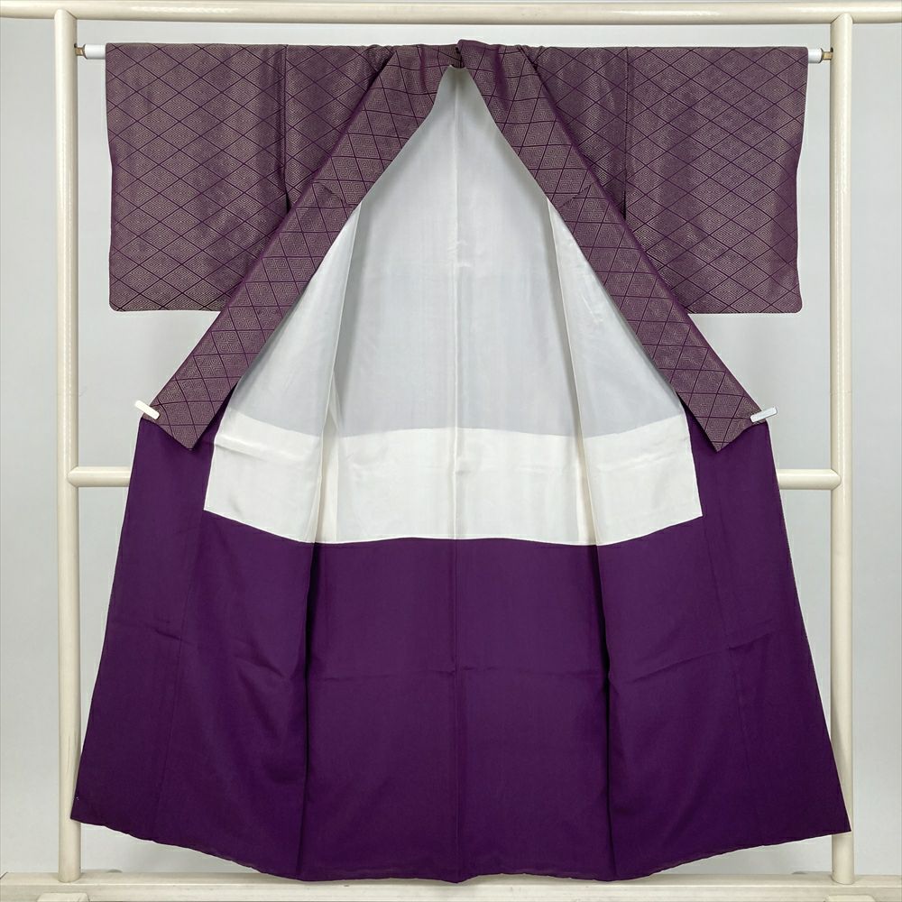 中古） 紬 紫 カジュアル 菱文 袷 絹【身丈】145.5cm【裄丈】63cm