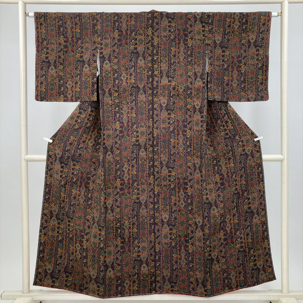 中古） 小紋 紫 カジュアル オリエンタル花草文 袷 絹【身丈】148.5cm