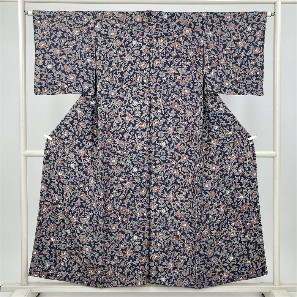 中古） 小紋 灰紫 カジュアル オリエンタル花蝶文 袷 絹 【身丈】147.5