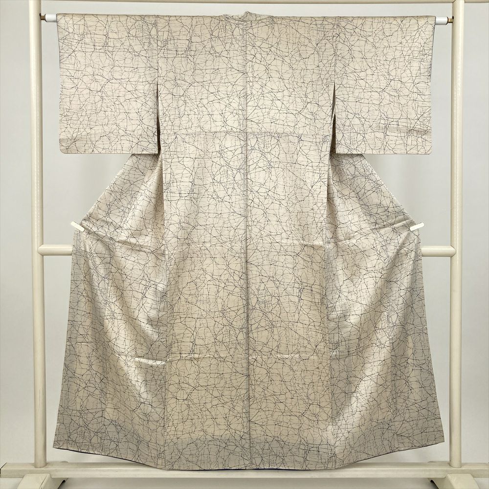 中古） 小紋 ベージュ カジュアル 干割れ 袷 絹 【身丈】147cm【裄丈】62cm