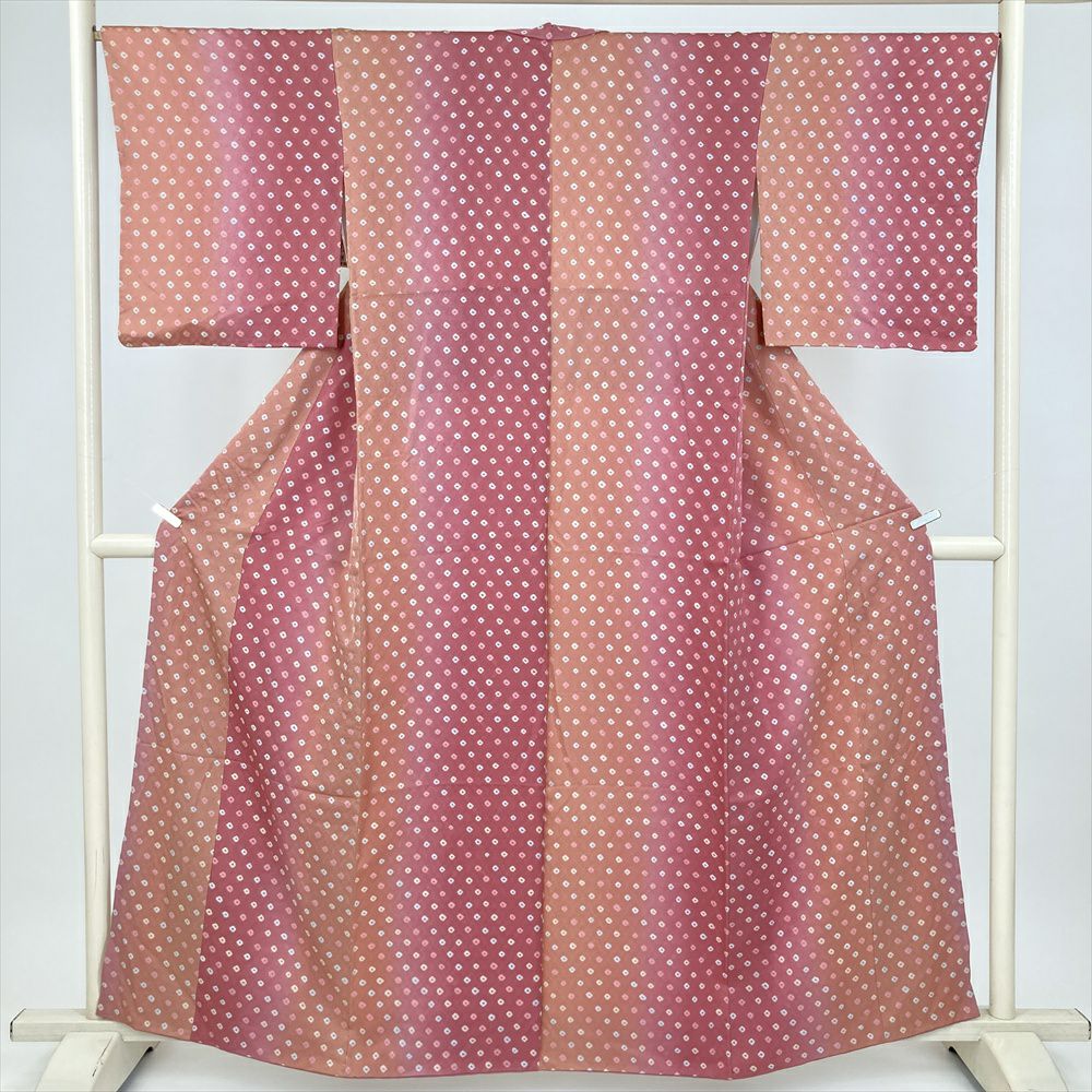 中古） 小紋 紅梅 ピンク カジュアル 大粒 鹿の子 袷 絹 【身丈】154.5