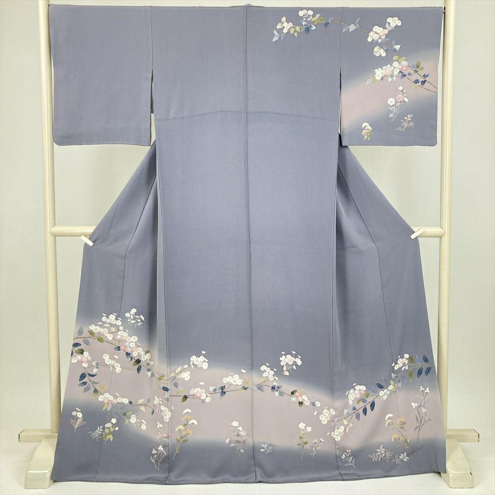 【訪問着・正絹・刺繍・浅葱鼠色・灰青薄青】灰紫薄紫・水色・クリーム・スワトウ刺繍 訪問着・正絹・刺繍・浅葱鼠色・灰青薄青】灰紫薄紫・水色・クリーム・