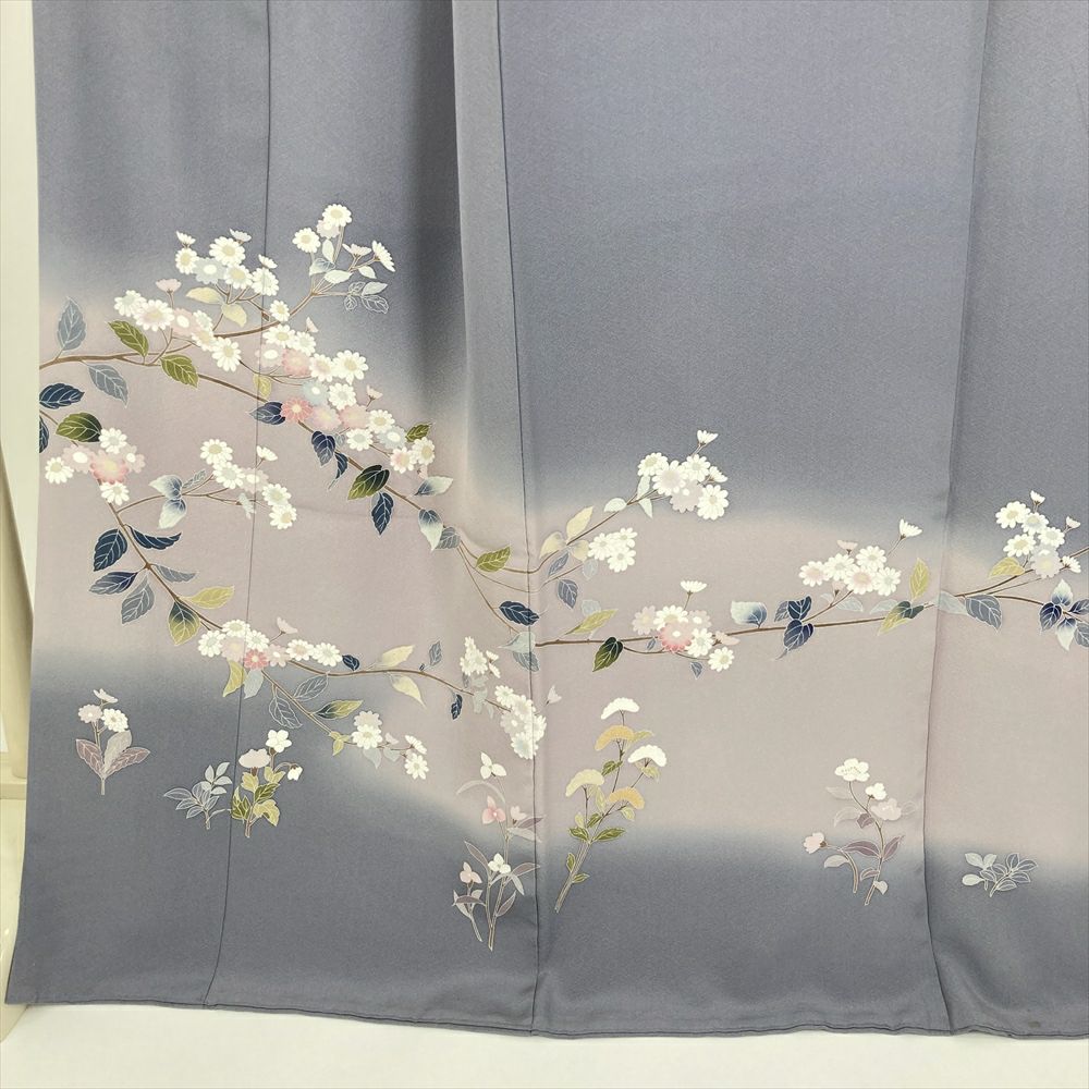 中古） 訪問着 薄灰青 セミフォーマル 秋の草花 袷 絹 【身丈】163cm