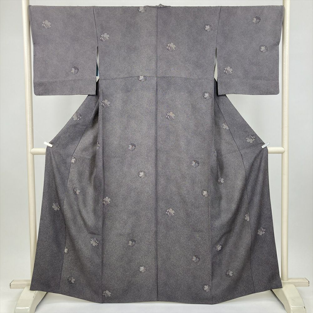 中古） 小紋 灰赤紫 焦げ茶 カジュアル 鮫 雪輪 袷 絹 【身丈】159cm