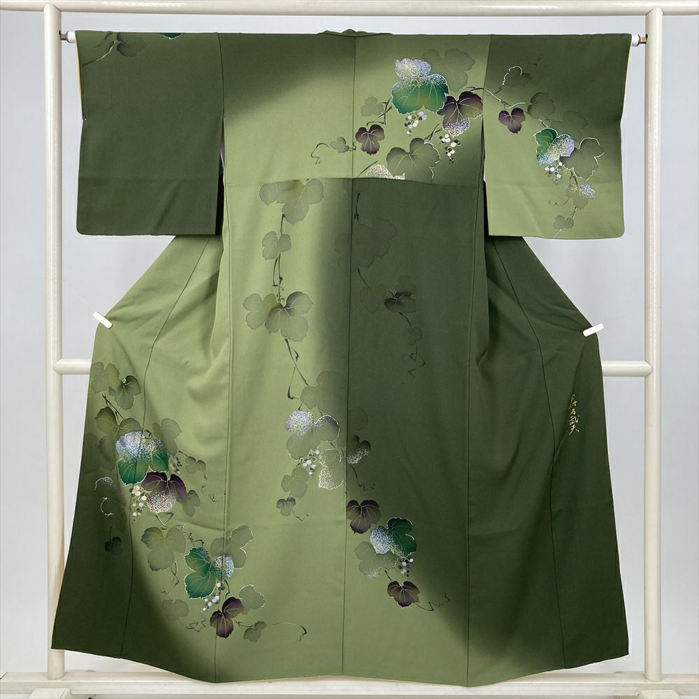 中古） 訪問着 緑 セミフォーマル 葡萄文 袷 絹 【身丈】146cm【裄丈】65cm