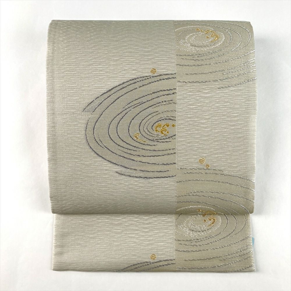 中古）夏袋帯 千草鼠 薄緑 セミフォーマル 六通 織り 波文 絹