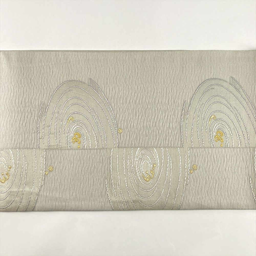 中古）夏袋帯 千草鼠 薄緑 セミフォーマル 六通 織り 波文 絹