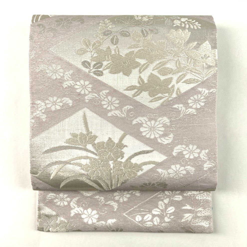 中古）夏袋帯 薄藤 紫 セミフォーマル 六通 織り 菱に四季花 絹