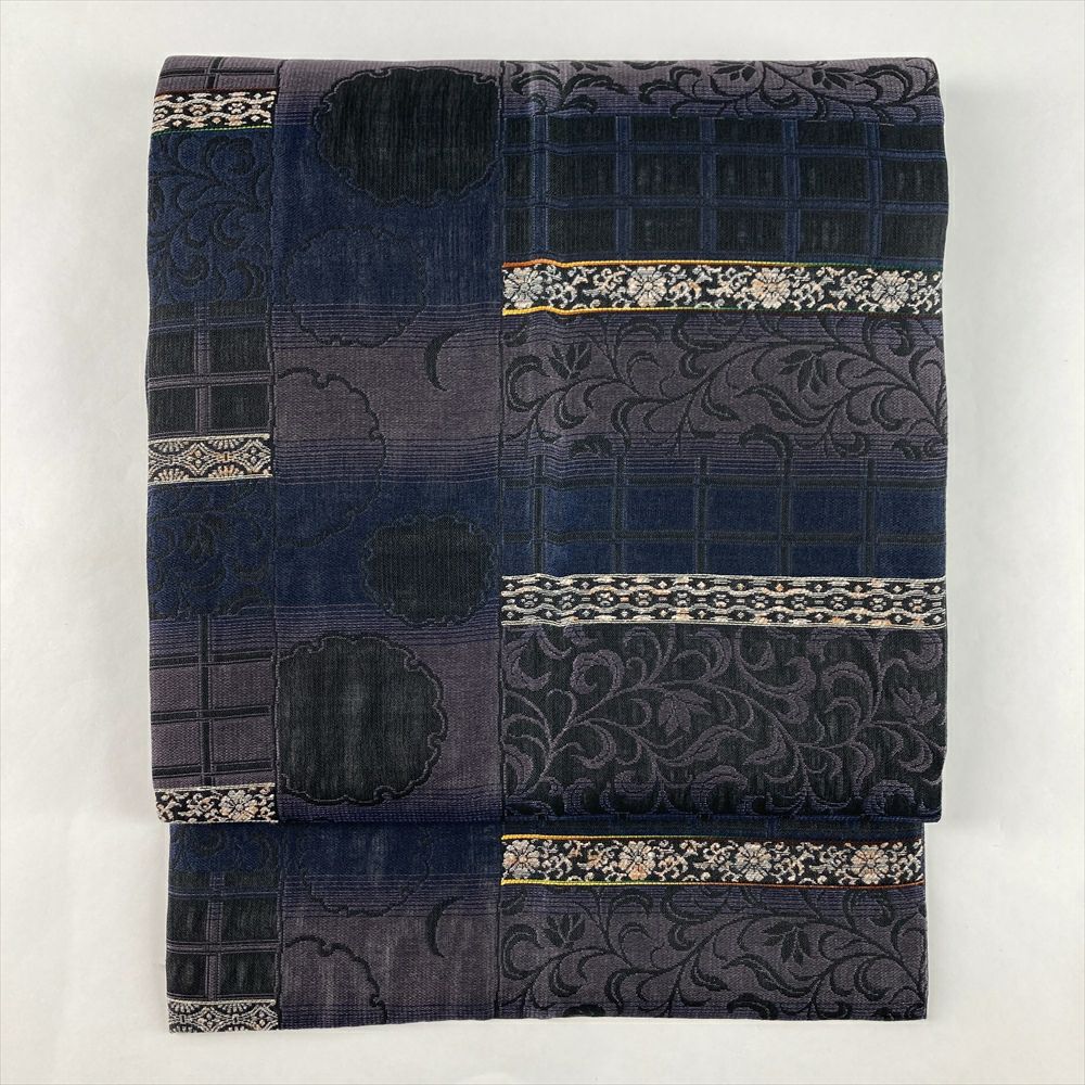 中古）袋帯 紺 紫 セミフォーマル 全通 織り 雪輪 蔓花 絹