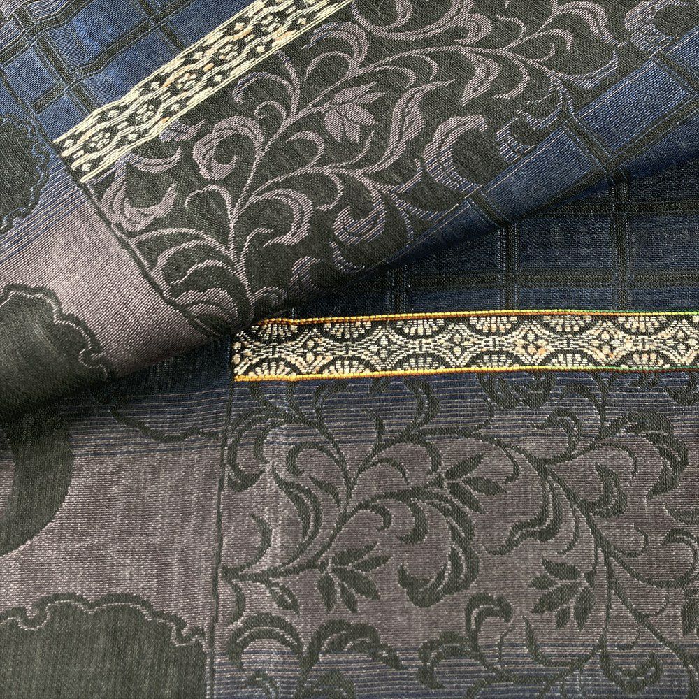 中古）袋帯 紺 紫 セミフォーマル 全通 織り 雪輪 蔓花 絹