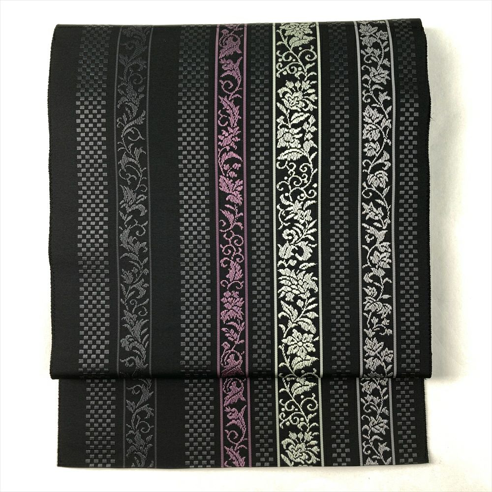 中古）名古屋帯 黒 カジュアル 松葉仕立て 博多織 唐花 絹