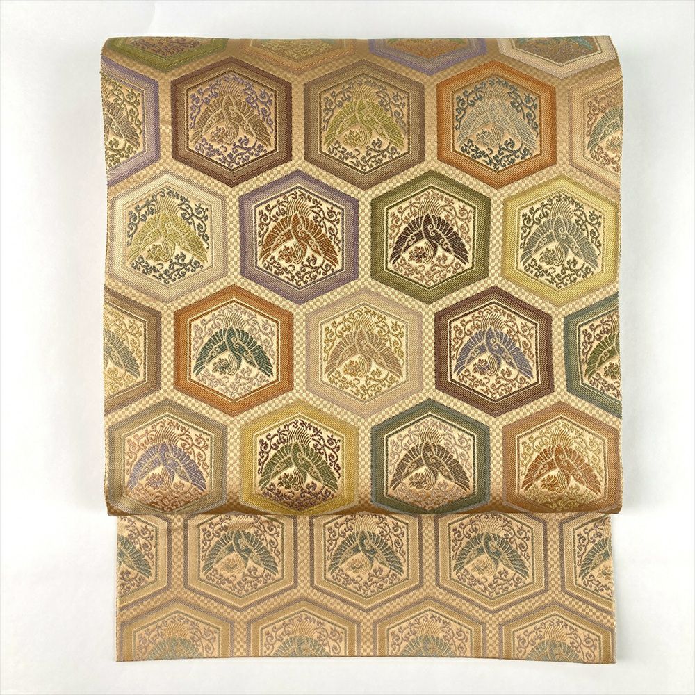 中古）袋帯 金茶 セミフォーマル フォマール 六通 織り 花鳥亀甲文 絹