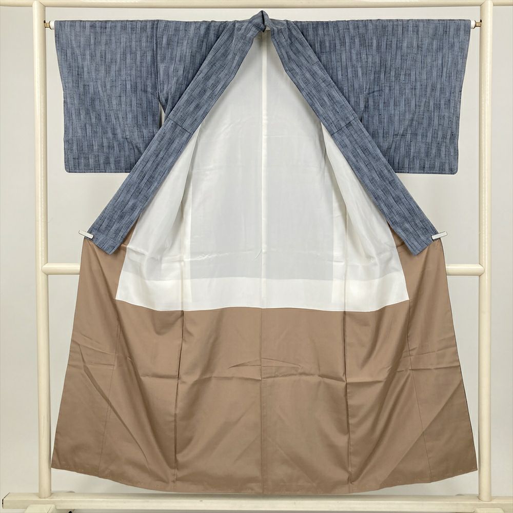 中古） 紬 ブルーグレー カジュアル 縞 立涌 袷 絹【身丈】146cm【裄丈